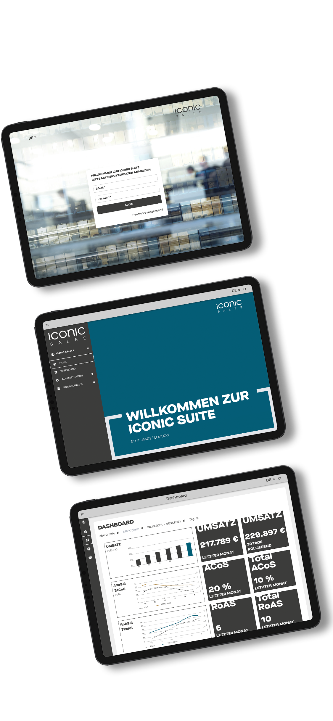 3 Tablets mit Screenshots der ICONIC Suite